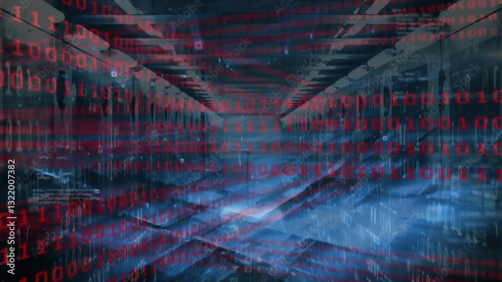 Poster binary code animation over futuristic data center with glowing servers