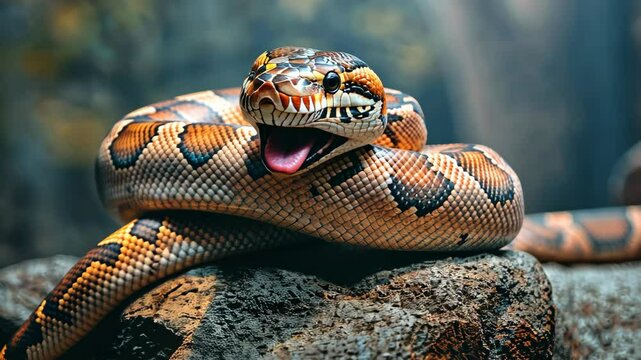 A python lies gracefully on a rock, showcasing its vibrant colors and intricate patterns in a natural setting filled with greenery
