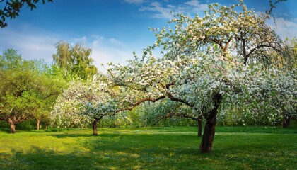 Fototapeta premium Blooming Apple Tree Amidst a Vibrant Park, Pristine Scenery Radiating Springtime Serenity and Abundance in the General Plan of .