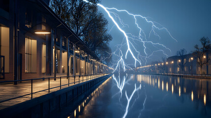 Fototapeta premium Dramatic Night Scene of Lightning Striking Over a City Canal with Reflections in the Water and Industrial Buildings