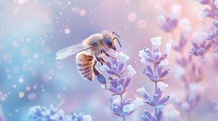 Fototapeta premium Honeybee pollinating lavender flowers in soft light.