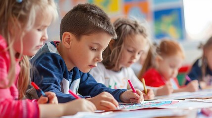 Fototapeta premium Schoolchildren creating flag art projects on Flag Day
