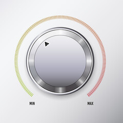 Round adjustment dial on white background realistic set of analogue knobs for level control isolated vector illustration
