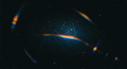 Rainbow Lens Flare Texture: Vintage Scratch & Grain Aesthetic - Dark Moody Background for Creative Projects & Retro Designs