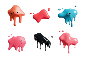 Colorful paint blobs in various shapes and sizes, showcasing vibrant hues of orange, pink, blue, and black, with glossy finish and dripping effect