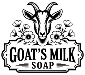 Goat's Milk Soap Farm Stamp Logo Sign Sticker Label Design with Flowers and Goat Face Illustration