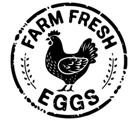 Farm Fresh Eggs Distressed Circle Shape Stamp Logo Sign Sticker Label Design with Chicken Illustration