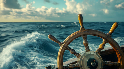 Classic shipa??s helm with an endless ocean stretching behind it