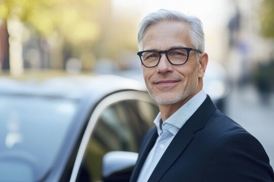 A middle-aged man in glasses and a suit stands near the car, smiling with gray hair