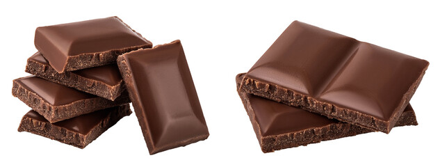 Small dark chocolate pieces isolated on white background