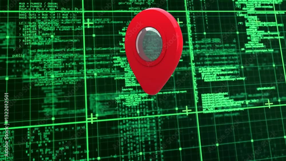 Poster animation of red location pin over digital grid with green coding in background