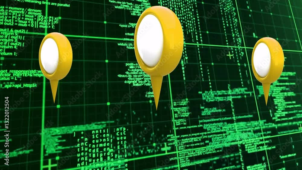 Poster floating animation of yellow map pins over green digital code and data visualization