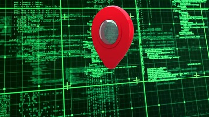 Animation of red location pin over digital grid with green coding in background