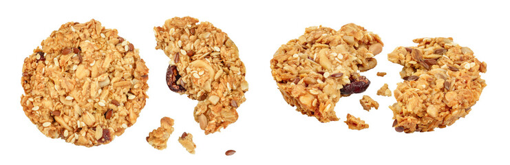 Granola cookie isolated on white background with full depth of field. Top view. Flat lay.