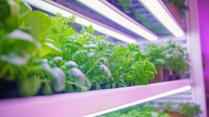 Fototapeta premium Futuristic vertical garden with herbs, leafy greens in modern apartment. LED grow lights, white shelves. Smart urban farming, sleek design. Futuristic vertical garden blends technology, nature.