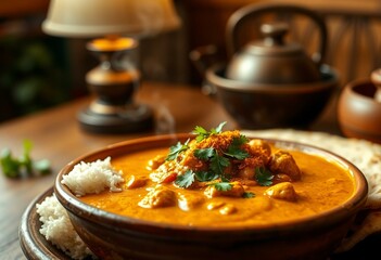 Aromatic curry dish with basmati rice and naan bread