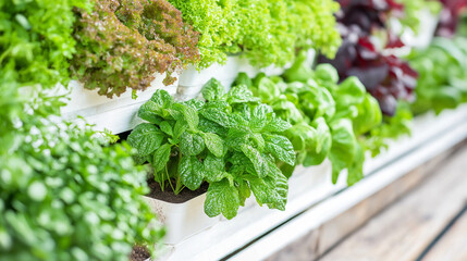 Fototapeta premium Futuristic vertical garden with herbs, leafy greens in modern apartment. LED grow lights, white shelves. Sustainable tech meets minimalist design. Futuristic vertical garden redefines urban living