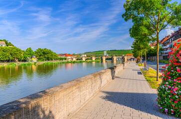 Main river embankment promenade with trees, Old Main Bridge in Wurzburg old town altstadt and green vineyards on hill background in sunny summer day, Lower Franconia region, Bavaria state, Germany