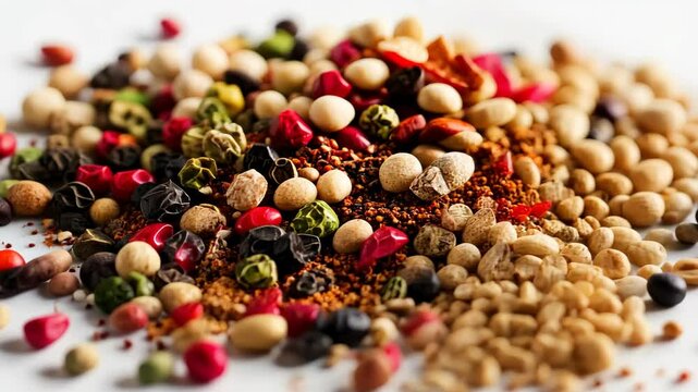 Colorful assortment of spices and seeds arranged on a white surface for culinary use in cooking and seasoning dishes
