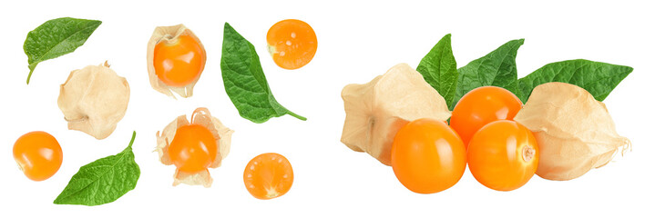 Cape gooseberry or physalis isolated on white background wit full depth of field. Top view. Flat lay