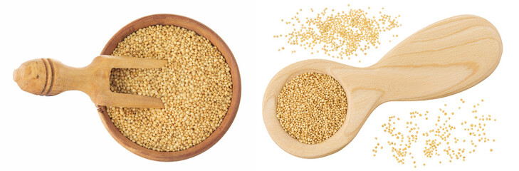 Amaranth grain seeds in wooden scoop and bowl isolated on white background. Top view. Flat lay