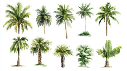 Palm trees. Tropical tree green leaves, beach palms and retro california greenery. Miami trees, coconut palm or exotic hawaii forest green tree. Isolated vector symbols set