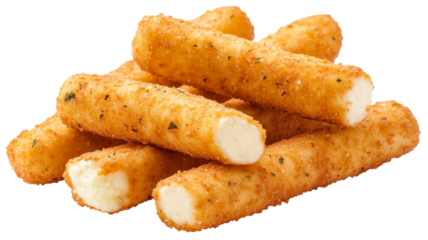 Fried mozzarella sticks showing the melted cheese inside on transparent background