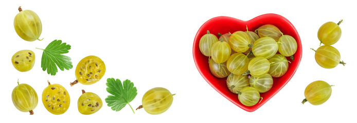 Green gooseberry in ceramic bowl isolated on white background with copy space for your text. Top view. Flat lay.