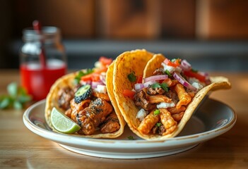 A plate of delicious tacos with crispy corn tortillas, savory meats, and vibrant toppings