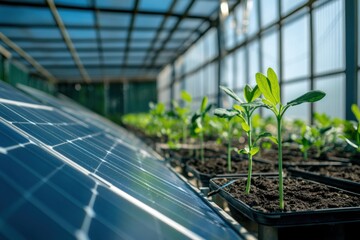 Fototapeta premium Solar panels on the roof of a greenhouse, plants in pots, close-up, photo for a magazine cover