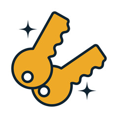 Vector illustration of two shiny golden keys with sparkle icons representing security, access, and ownership on a white background