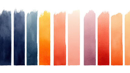 Watercolor paint swatches in various colors, showcasing gradient from dark blue to warm tones. Ideal for design projects and artistic inspiration