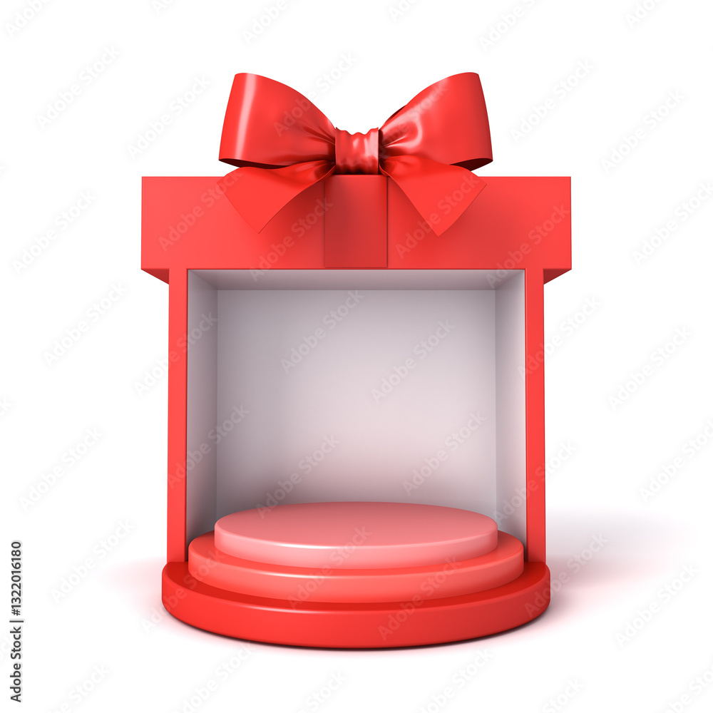 Poster Blank round podium pedestal in red exhibition booth gift box product display mockup showcase stand with red ribbon bow isolated on white background with shadow minimal conceptual 3D rendering