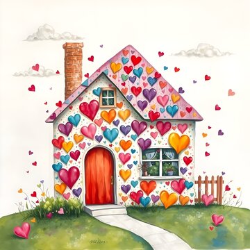 Hogar feliz. Casa acogedora decorada con corazones de colores.