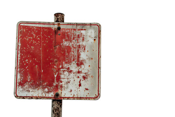 red sign with white wear and rusty pole. The sign is old and worn, with a faded red color. The white writing is barely visible, isolated on a transparent background