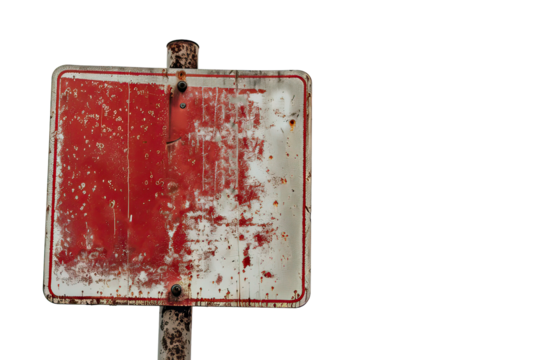 red sign with white wear and rusty pole. The sign is old and worn, with a faded red color. The white writing is barely visible, isolated on a transparent background