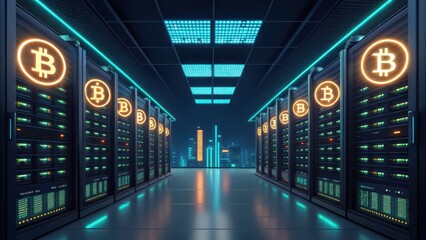 Fototapeta premium Business Finance Investment concept High-tech data center featuring illuminated Bitcoin symbols and server racks.
