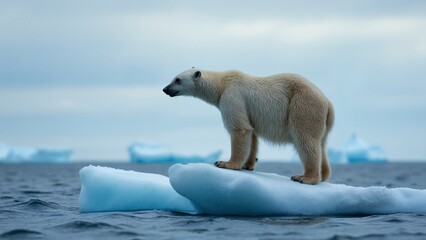 A polar bear standing on top of an iceberg in the ocean.