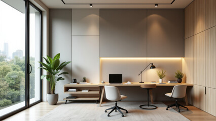 Fototapeta premium Modern office space with an elegant desk setup near large windows featuring acoustic paneling.