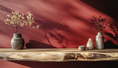 Rustic wooden shelf with terracotta vases and dried flowers against a burgundy wall