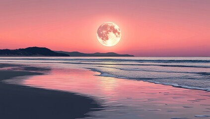Obraz premium A beautiful full moon is rising over an ocean shoreline at dusk