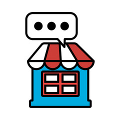 Vector illustration of a small store with a speech bubble, representing customer service, online chat support, or digital business communication