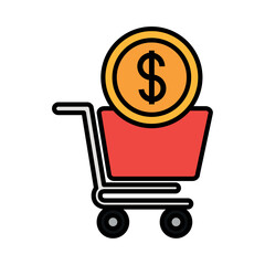 Vector illustration of a shopping cart with a dollar coin, representing e-commerce, online shopping, and financial transactions