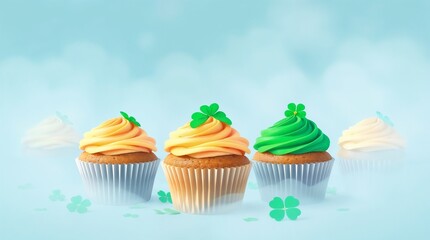 Modern flat design illustration of St. Patrick’s Day cupcakes in vibrant colors within a foggy environment