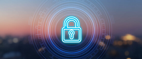 Blue glowing padlock icon in concentric circular digital interface, symbolizing online security and data protection, suitable for technological or cybersecurity concepts