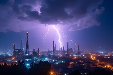 Fototapeta premium Powerful Lightning Strikes Industrial Complex at Night