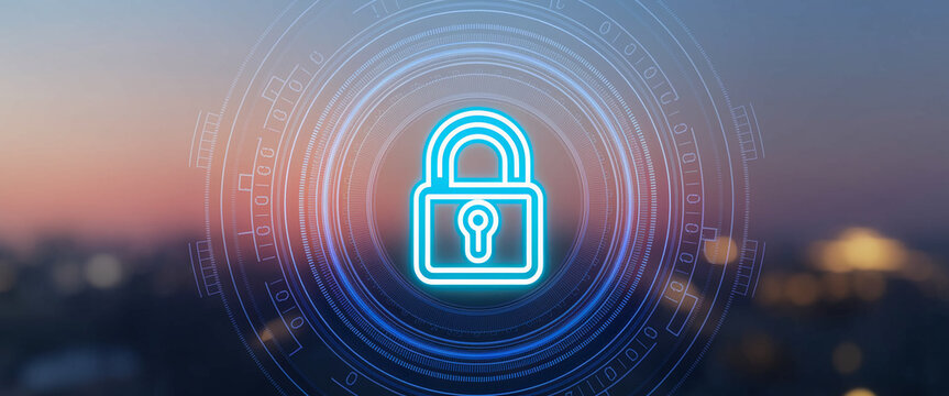 Blue glowing padlock icon in concentric circular digital interface, symbolizing online security and data protection, suitable for technological or cybersecurity concepts