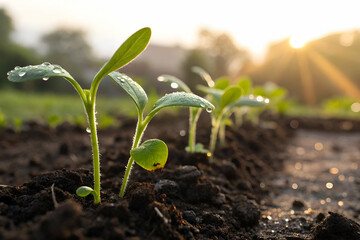 Fresh Green Seedlings Emerging from Rich Brown Soil in Early Morning Light with Dew Drops Sparkling on Leaves, Nature's Renewal in Focus