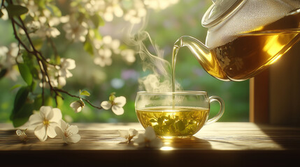 The delicate stream of tea glows in the soft natural light