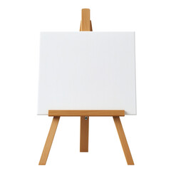 Small wooden easel with blank white canvas on transparent background